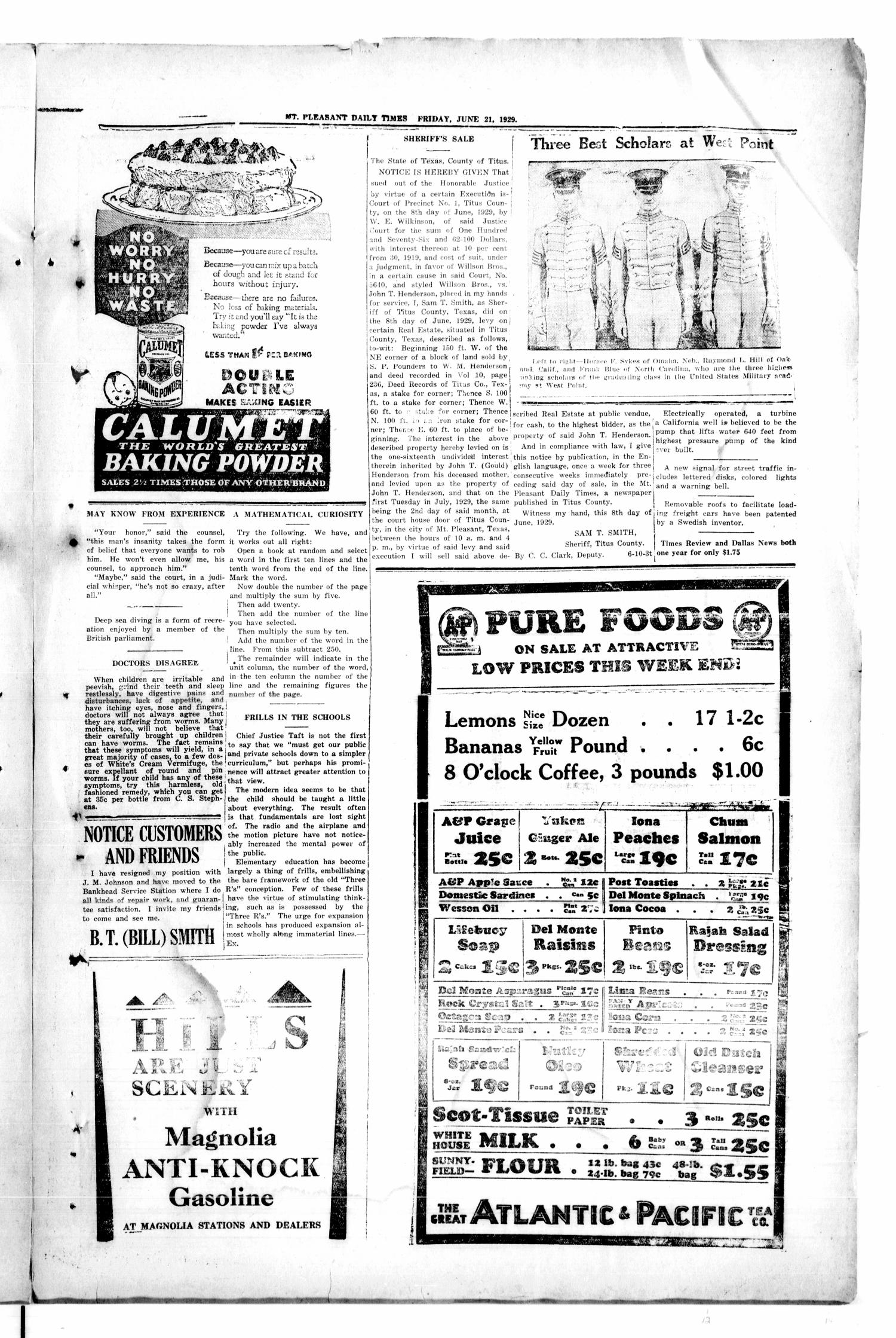 Mount Pleasant Daily Times (Mount Pleasant, Tex.), Vol. 10, No. 89, Ed. 1 Friday, June 21, 1929
                                                
                                                    [Sequence #]: 3 of 4
                                                