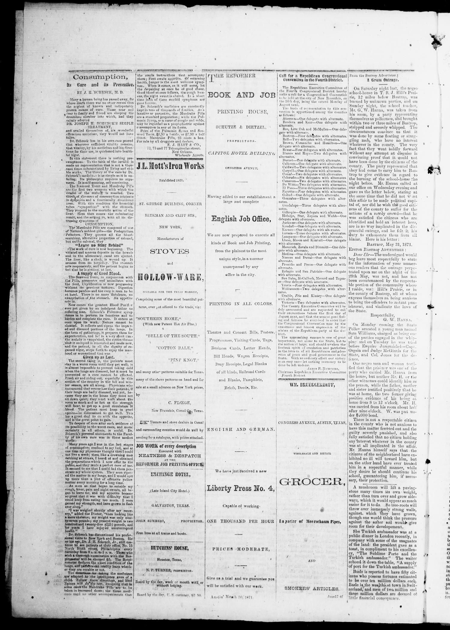 The Reformer (Austin, Tex.), Vol. 1, No. 1, Ed. 1, Saturday, June 17, 1871
                                                
                                                    [Sequence #]: 4 of 4
                                                
