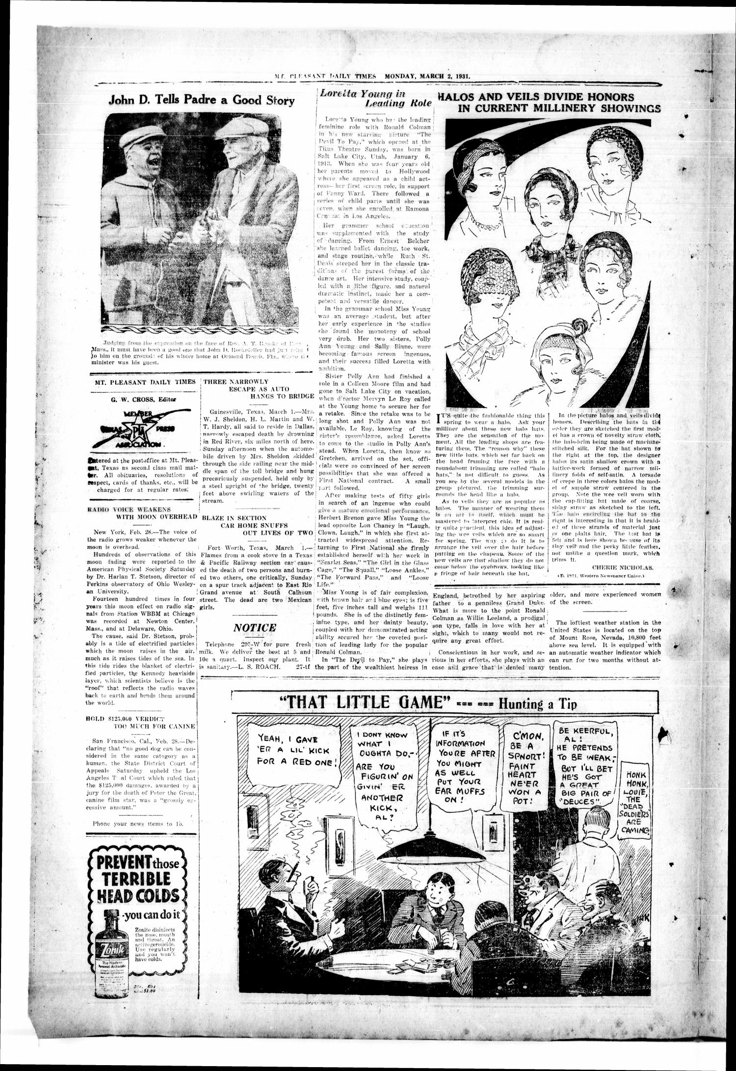 Mt. Pleasant Daily Times (Mount Pleasant, Tex.), Vol. 12, No. 287, Ed. 1 Monday, March 2, 1931
                                                
                                                    [Sequence #]: 2 of 4
                                                