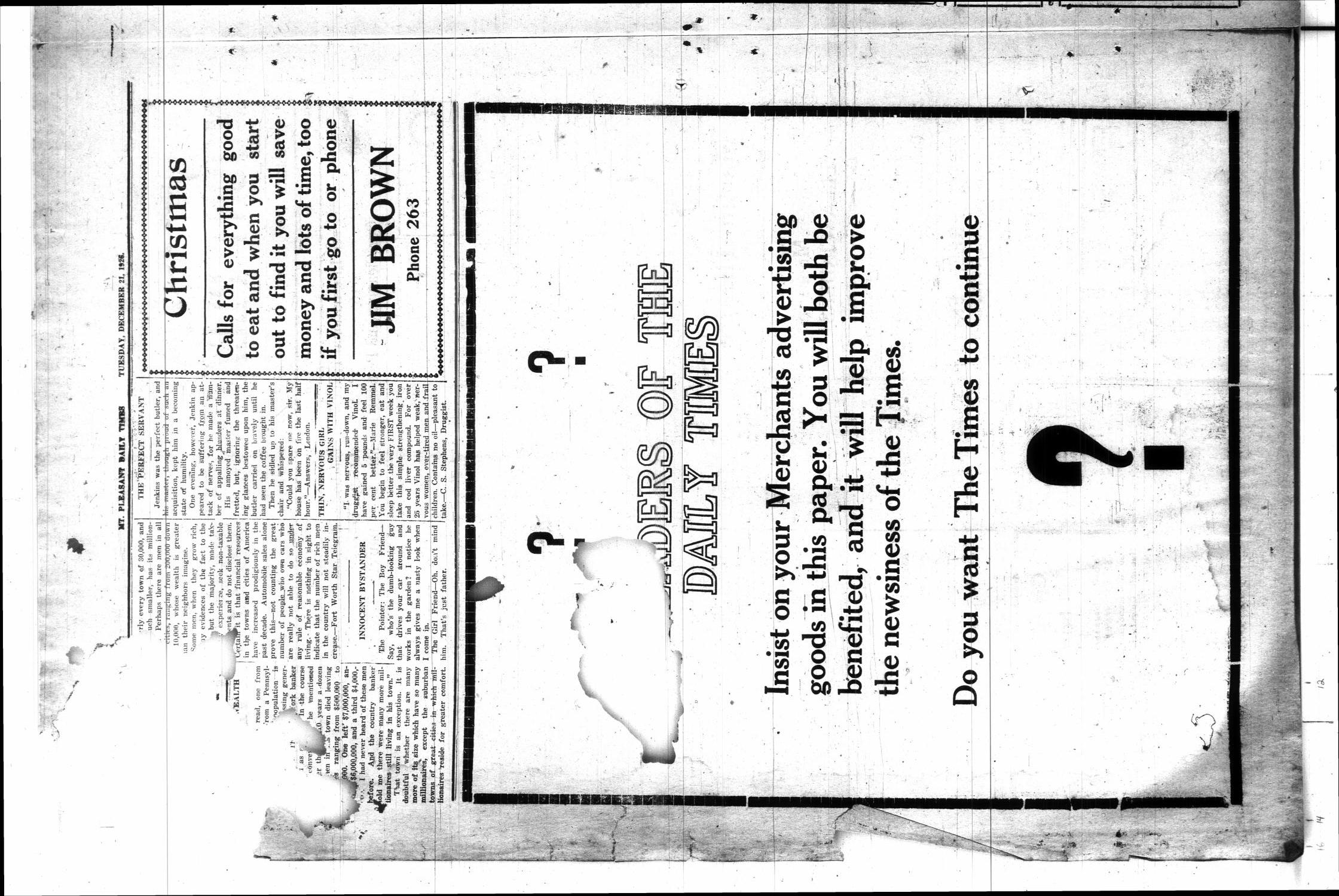 Mount Pleasant Daily Times (Mount Pleasant, Tex.), Vol. 8, No. [243], Ed. 1 Tuesday, December 21, 1926
                                                
                                                    [Sequence #]: 2 of 4
                                                