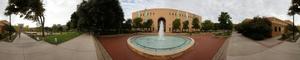 Panoramic image of the Willis Library and fountain.