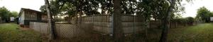 Panoramic image of the backyard of an O'Neil Ford home in Denton, Texas.