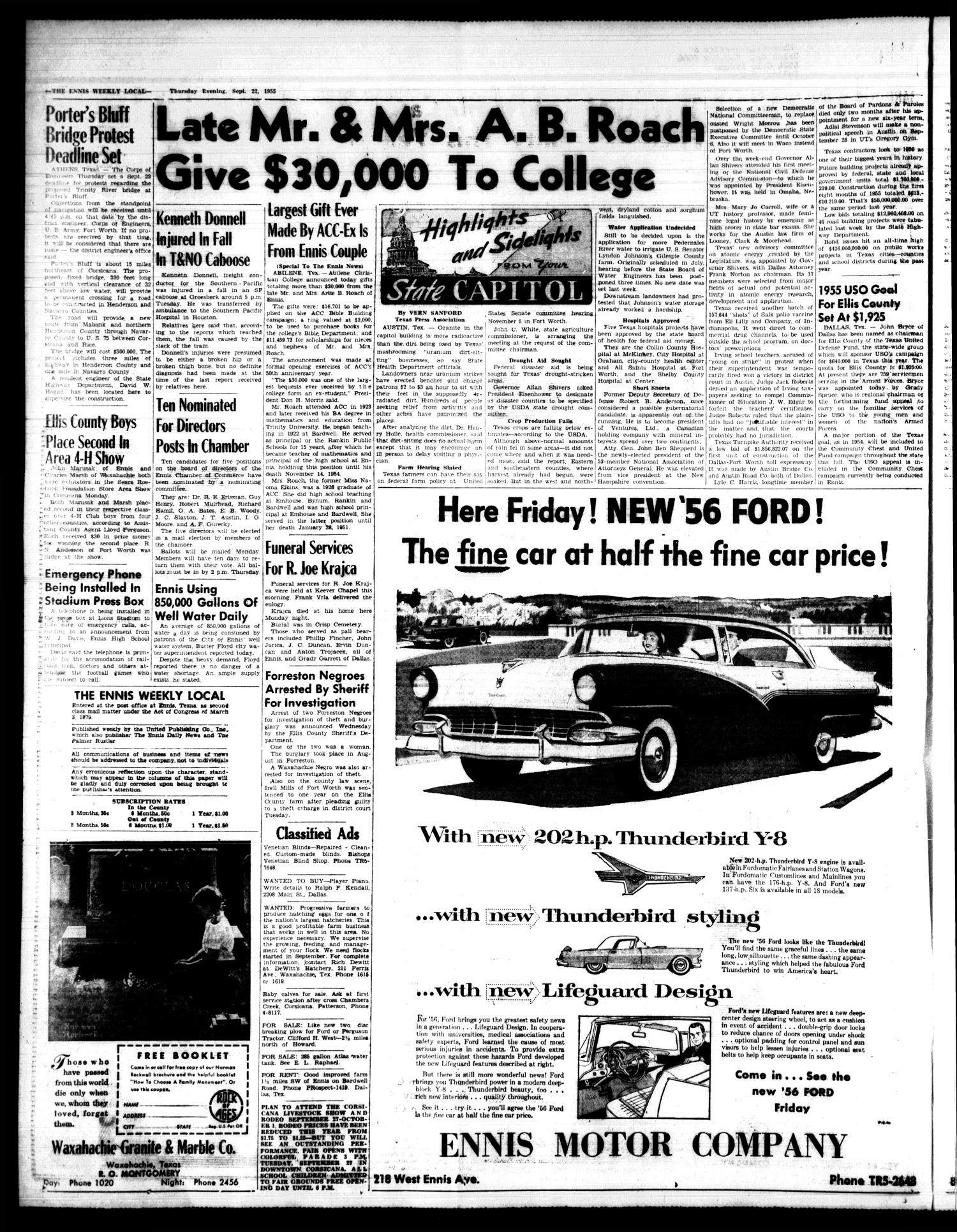 The Ennis Weekly Local (Ennis, Tex.), Vol. 30, No. 38, Ed. 1 Thursday, September 22, 1955
                                                
                                                    [Sequence #]: 2 of 6
                                                