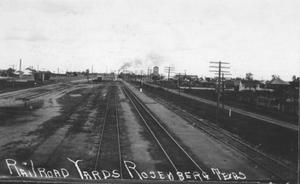 [Railroad yards in Rosenberg, Texas. Utility poles to the right of the photo.]
