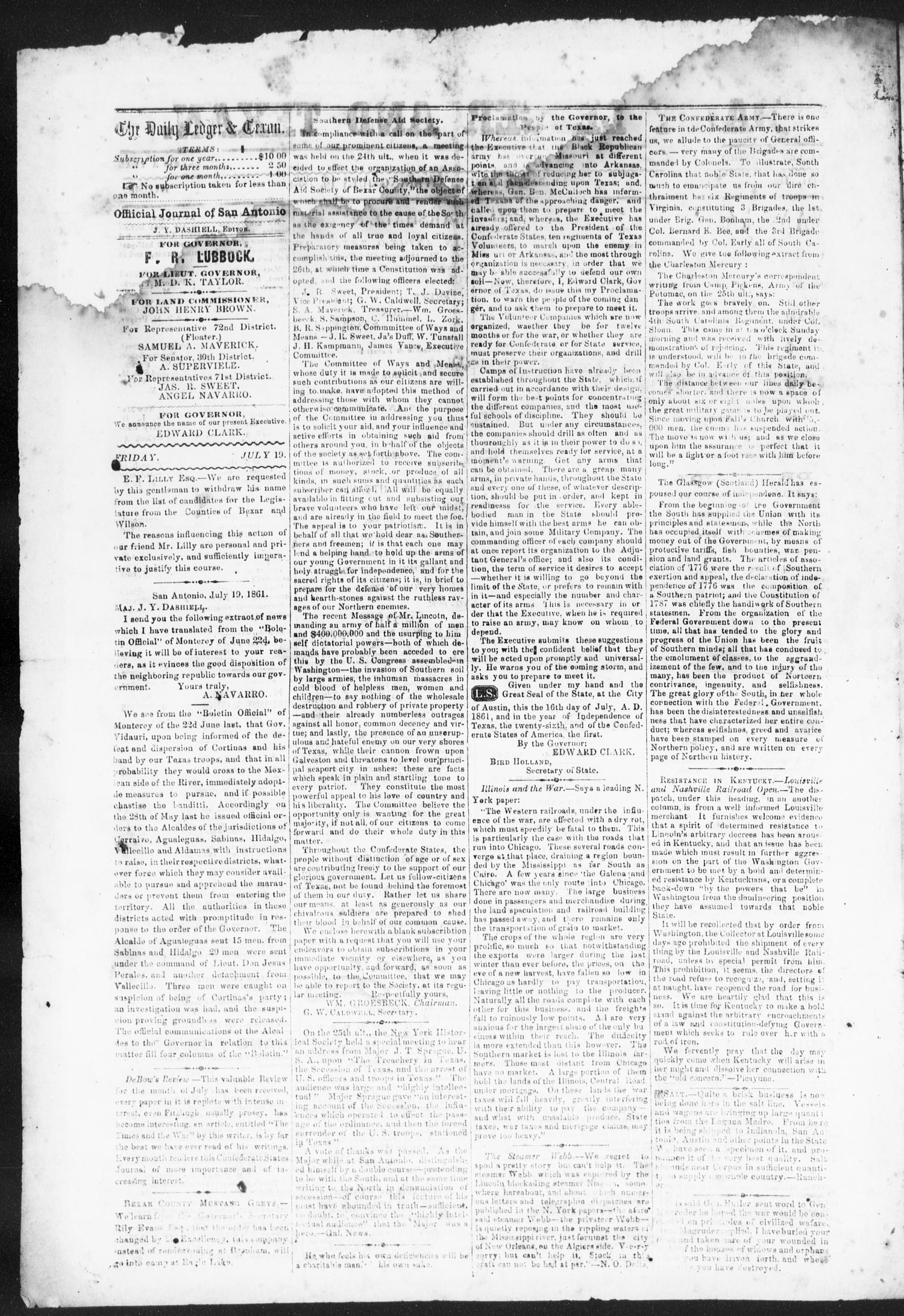 The Daily Ledger and Texan (San Antonio, Tex.), Vol. 2, No. 482, Ed. 1, Friday, July 19, 1861
                                                
                                                    [Sequence #]: 2 of 4
                                                