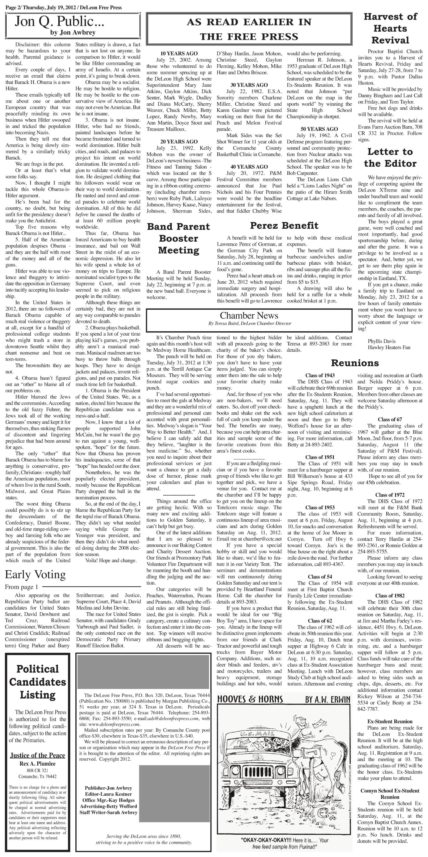 De Leon Free Press (De Leon, Tex.), Vol. 123, No. 4, Ed. 1 Thursday, July 19, 2012
                                                
                                                    [Sequence #]: 2 of 12
                                                