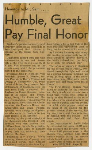 [Newspaper Clipping: Humble, Great Pay Final Honor]