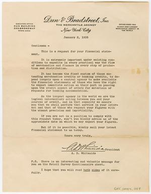 Primary view of object titled '[Letter from A. D. Whiteside Concerning Financial Statements, January 2, 1935]'.