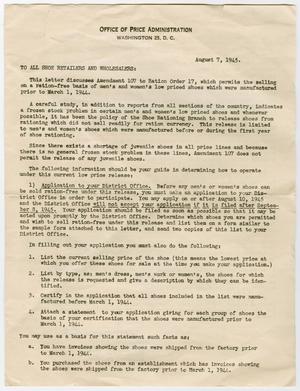 Shoe Ration Letter from William A. Molster to Earl Yates, August 7, 1945] -  The Portal to Texas History