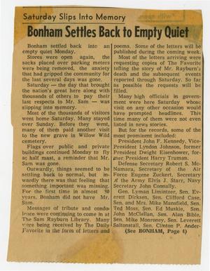 [Newspaper Clipping: Bonham Settles Back to Empty Quiet]