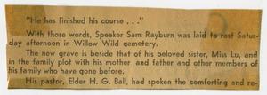 Primary view of object titled '[Newspaper Clipping discussing Sam Rayburn's death]'.