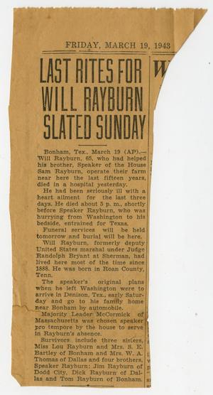 [Newspaper Clipping: Last Rites for Will Rayburn Slated Sunday]