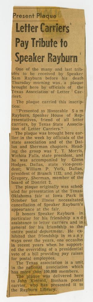[Newspaper Clipping: Letter Carriers Pay Tribute to Speaker Rayburn]