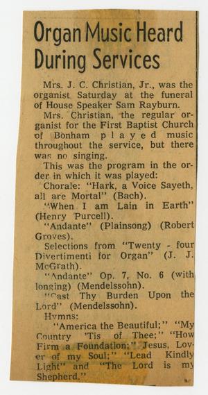 [Newspaper Clipping: Organ Music Heard During Services]