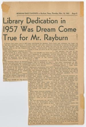 [Newspaper Clipping: Library Dedication in 1957 Was Dream Come True for Mr. Rayburn]
