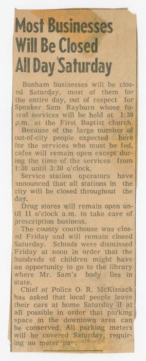 [Newspaper Clipping: Most Businesses Will Be Closed All Day Saturday]