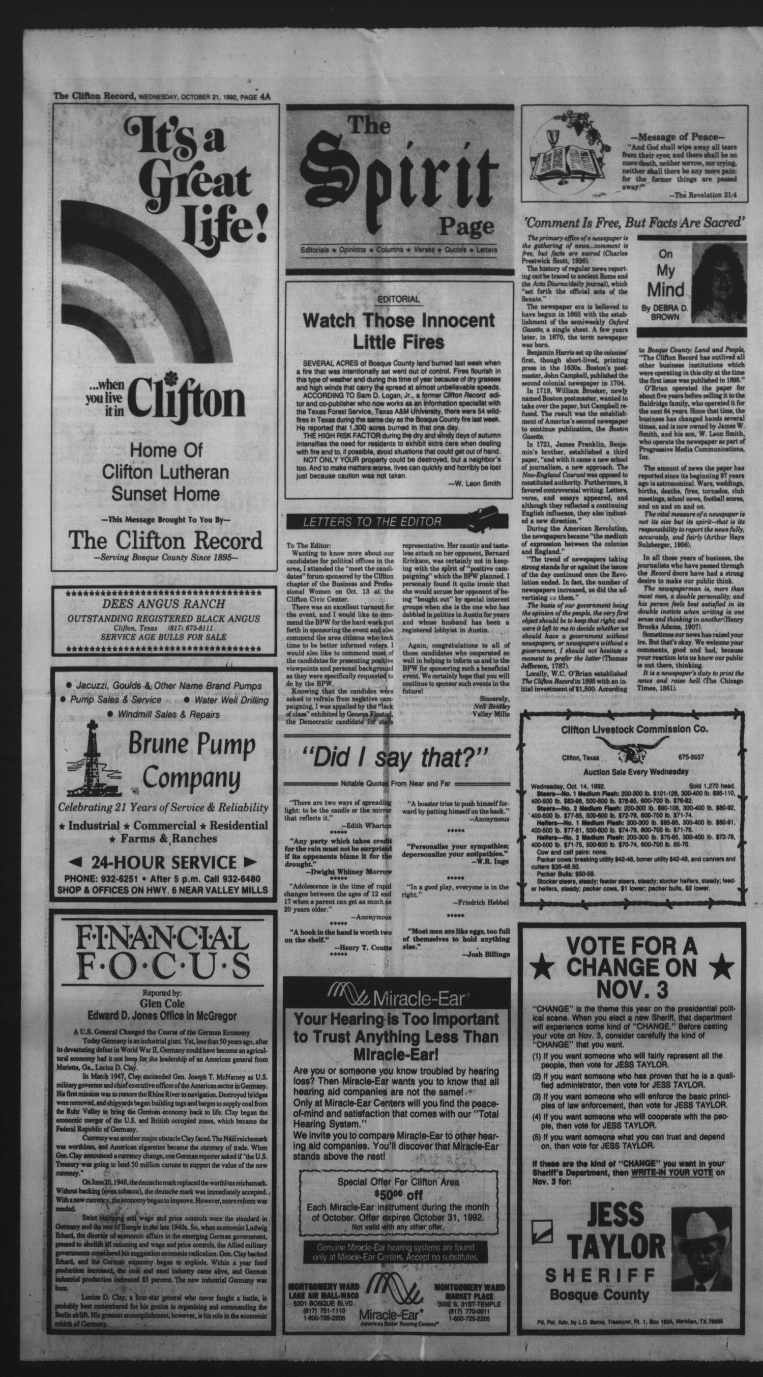 The Clifton Record (Clifton, Tex.), Vol. 97, No. 43, Ed. 1 Wednesday, October 21, 1992
                                                
                                                    [Sequence #]: 4 of 24
                                                