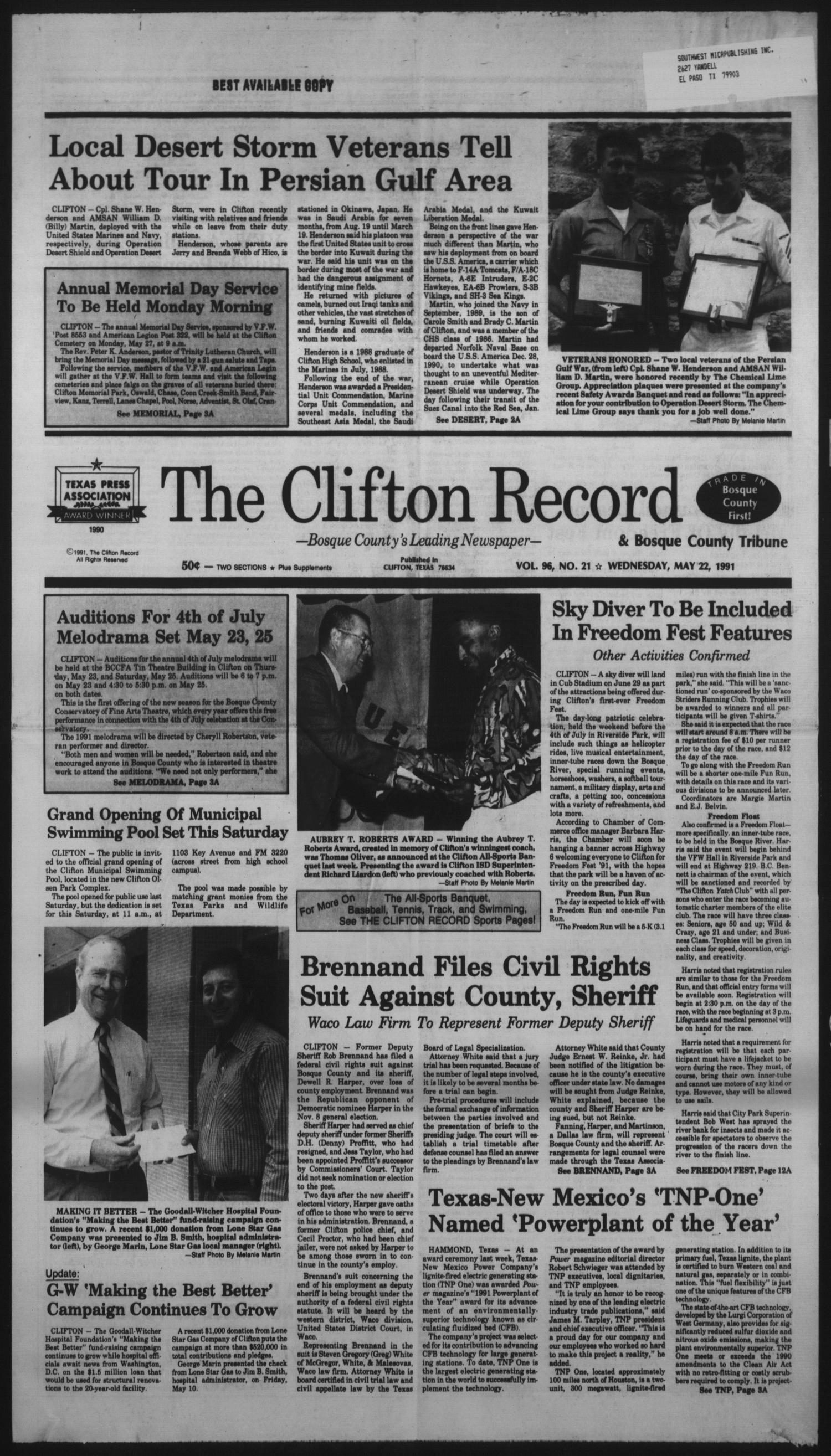 The Clifton Record and Bosque County Tribune (Clifton, Tex.), Vol. 96, No. 21, Ed. 1 Wednesday, May 22, 1991
                                                
                                                    [Sequence #]: 1 of 22
                                                