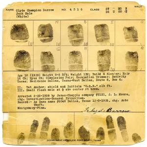 Primary view of object titled '[Clyde Champion Barrow Fingerprint Chart, 01/22/1928- Fort Worth, Texas Police Department]'.