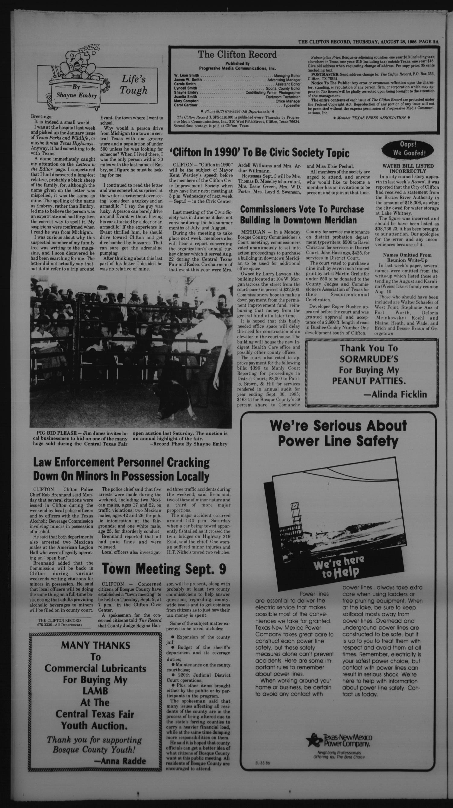 The Clifton Record (Clifton, Tex.), Vol. 91, No. 35, Ed. 1 Thursday, August 28, 1986
                                                
                                                    [Sequence #]: 2 of 32
                                                