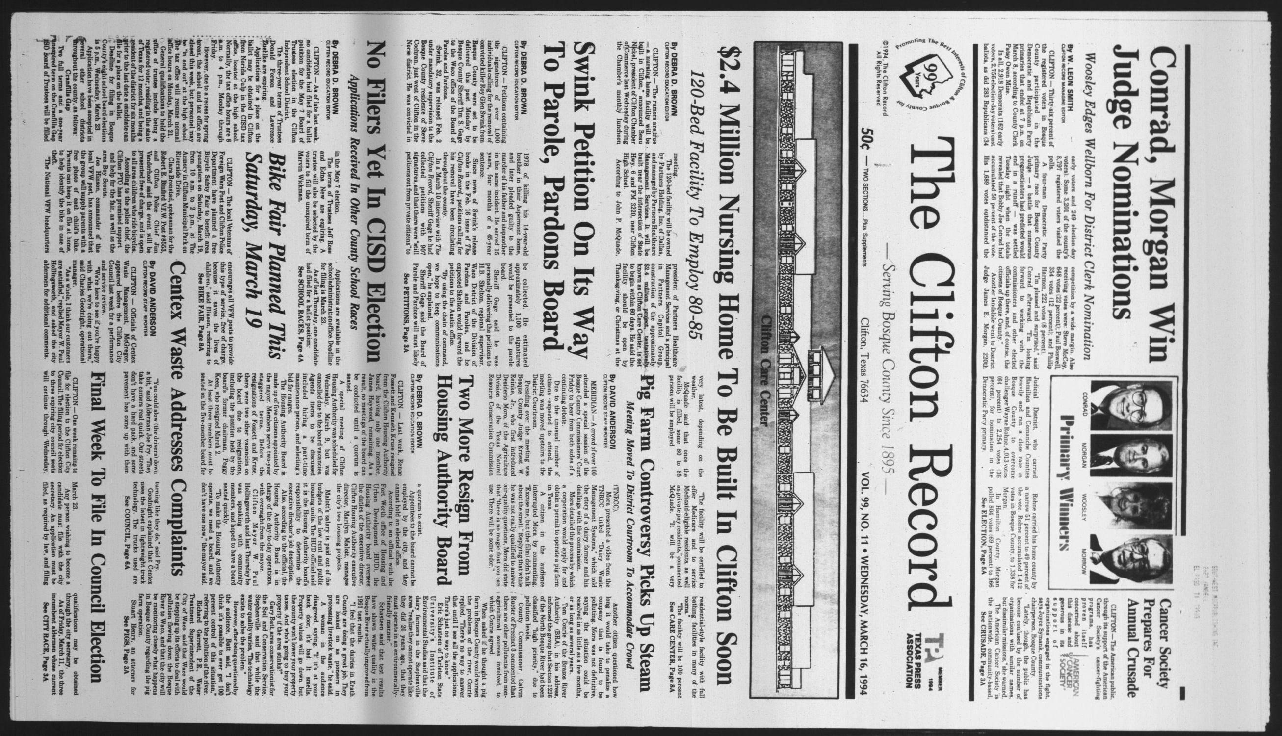The Clifton Record (Clifton, Tex.), Vol. 99, No. 11, Ed. 1 Wednesday, March 16, 1994
                                                
                                                    [Sequence #]: 1 of 18
                                                