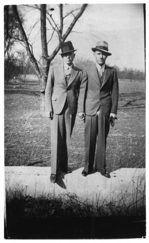 Primary view of object titled '[Clyde Barrow, left, and Raymond Hamilton]'.