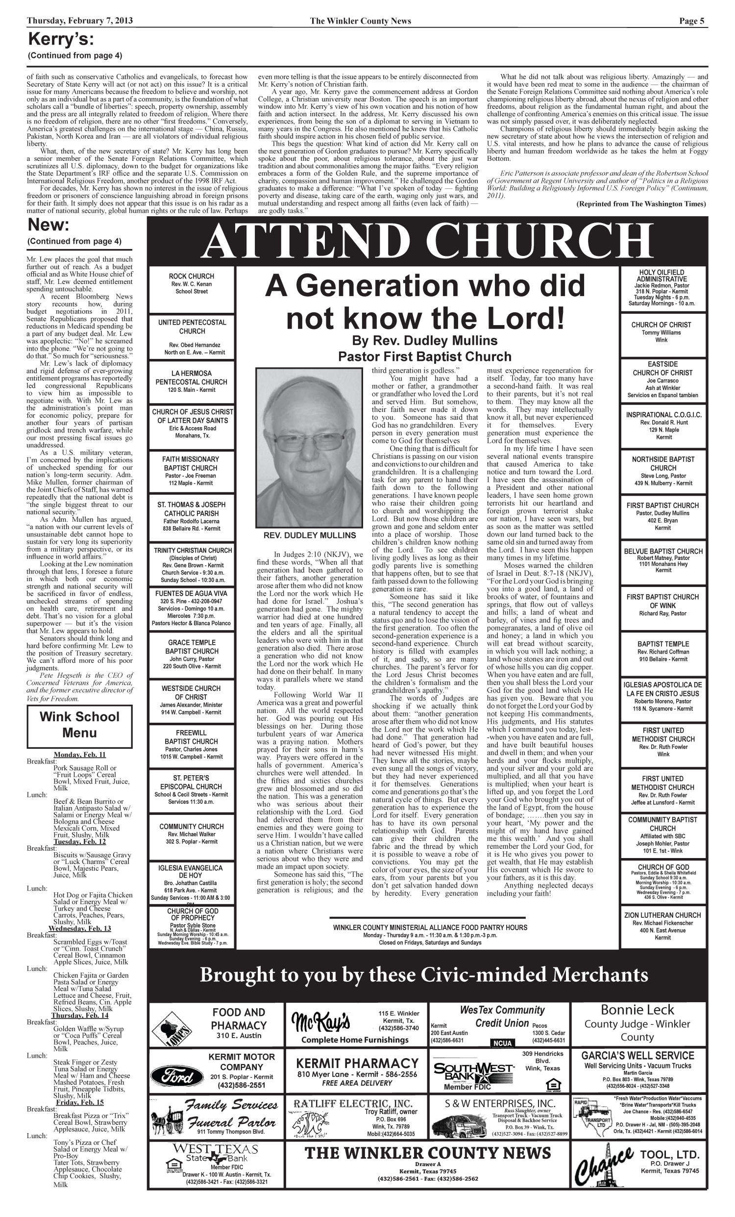 The Winkler County News (Kermit, Tex.), Vol. 78, No. 5, Ed. 1 Thursday, February 7, 2013
                                                
                                                    [Sequence #]: 5 of 16
                                                
