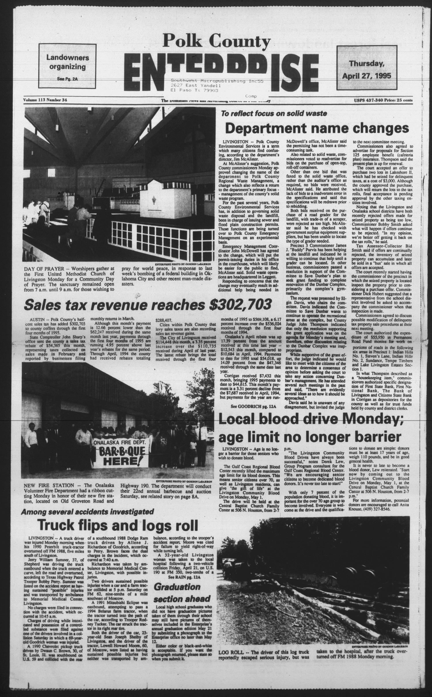 Polk County Enterprise (Livingston, Tex.), Vol. 113, No. 34, Ed. 1 Thursday, April 27, 1995
                                                
                                                    [Sequence #]: 1 of 26
                                                