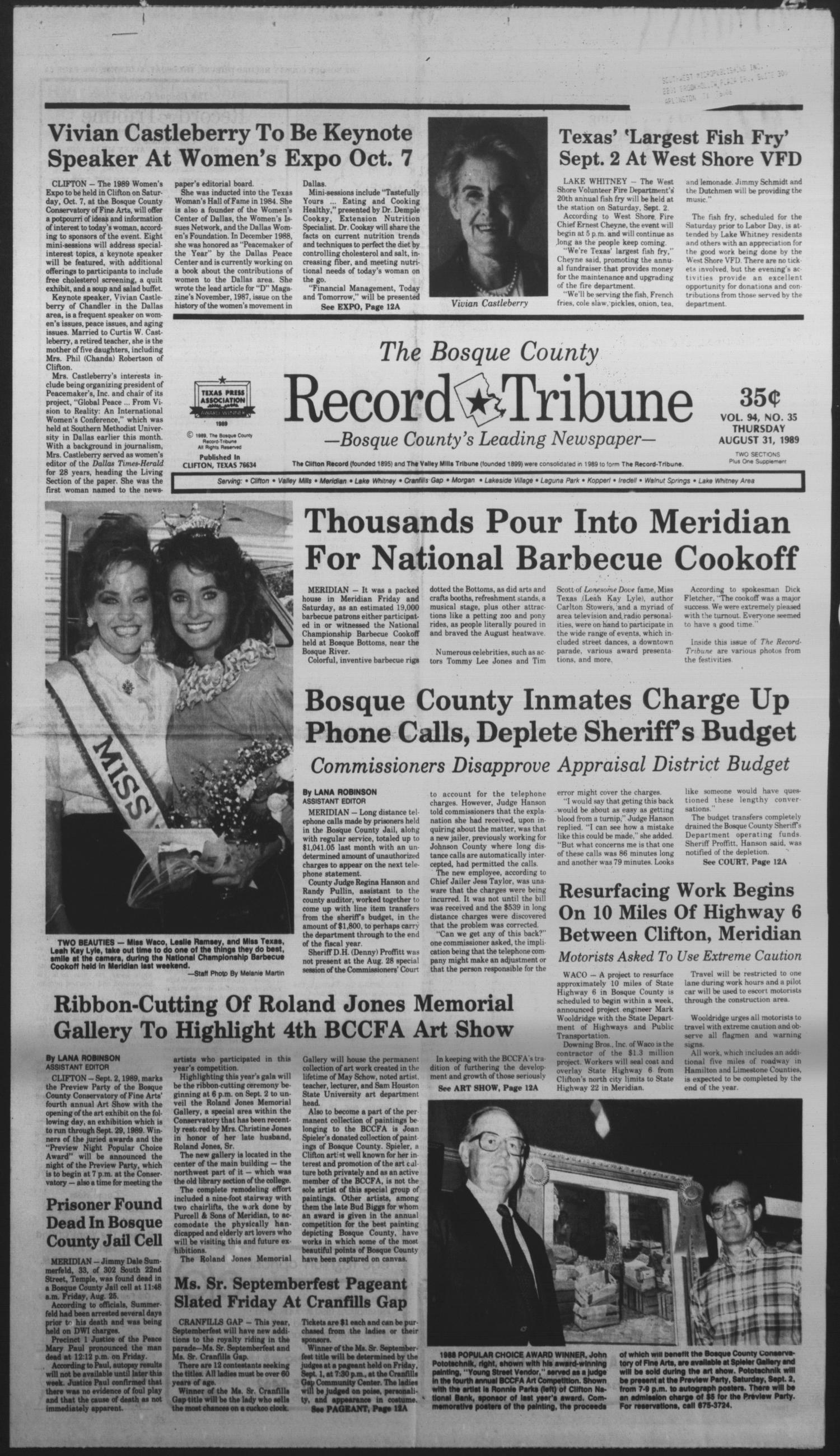 The Bosque County Record Tribune (Clifton, Tex.), Vol. 94, No. 35, Ed. 1 Thursday, August 31, 1989
                                                
                                                    [Sequence #]: 1 of 24
                                                