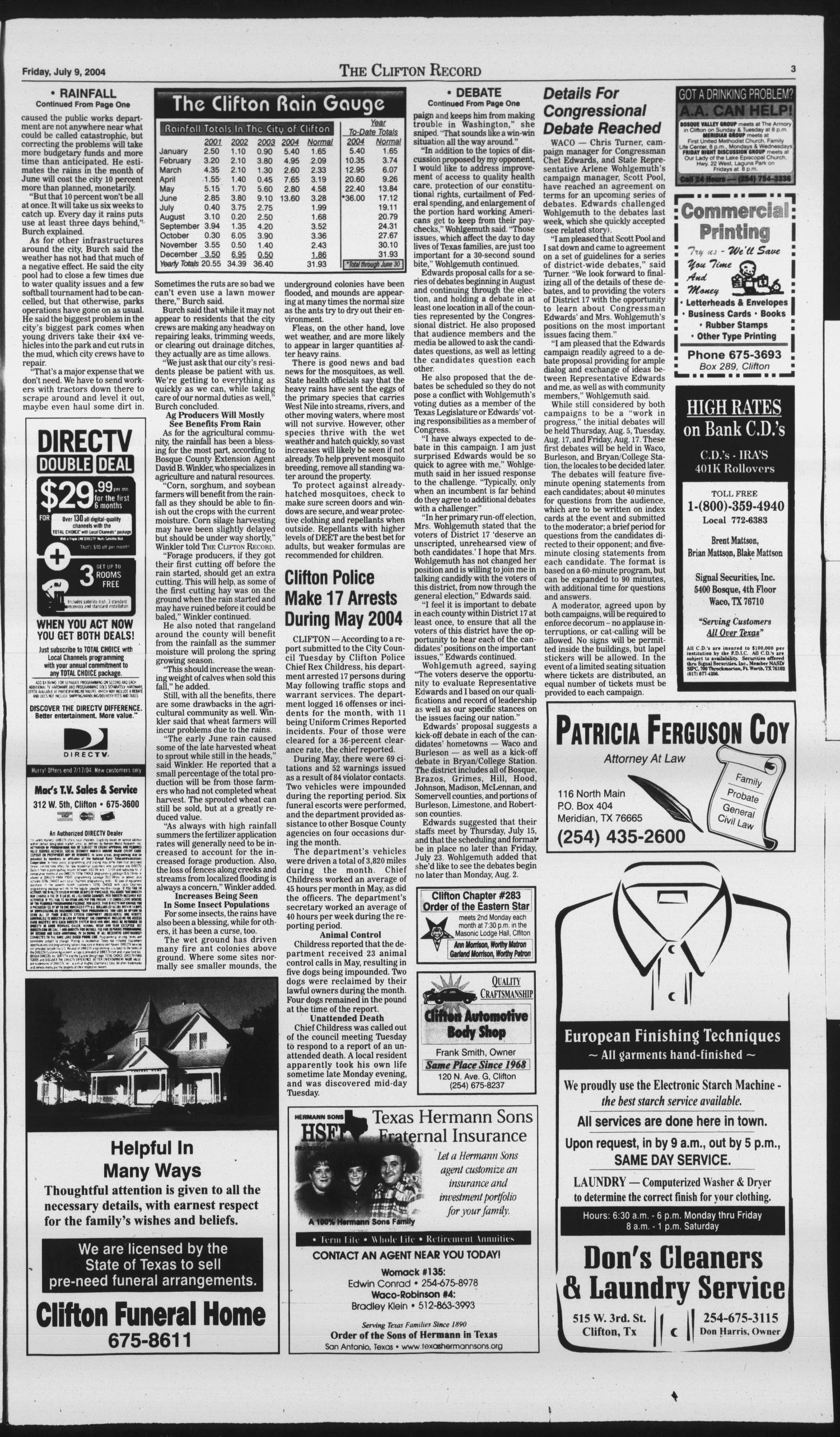 The Clifton Record (Clifton, Tex.), Vol. 109, No. 37, Ed. 1 Friday, July 9, 2004
                                                
                                                    [Sequence #]: 3 of 16
                                                