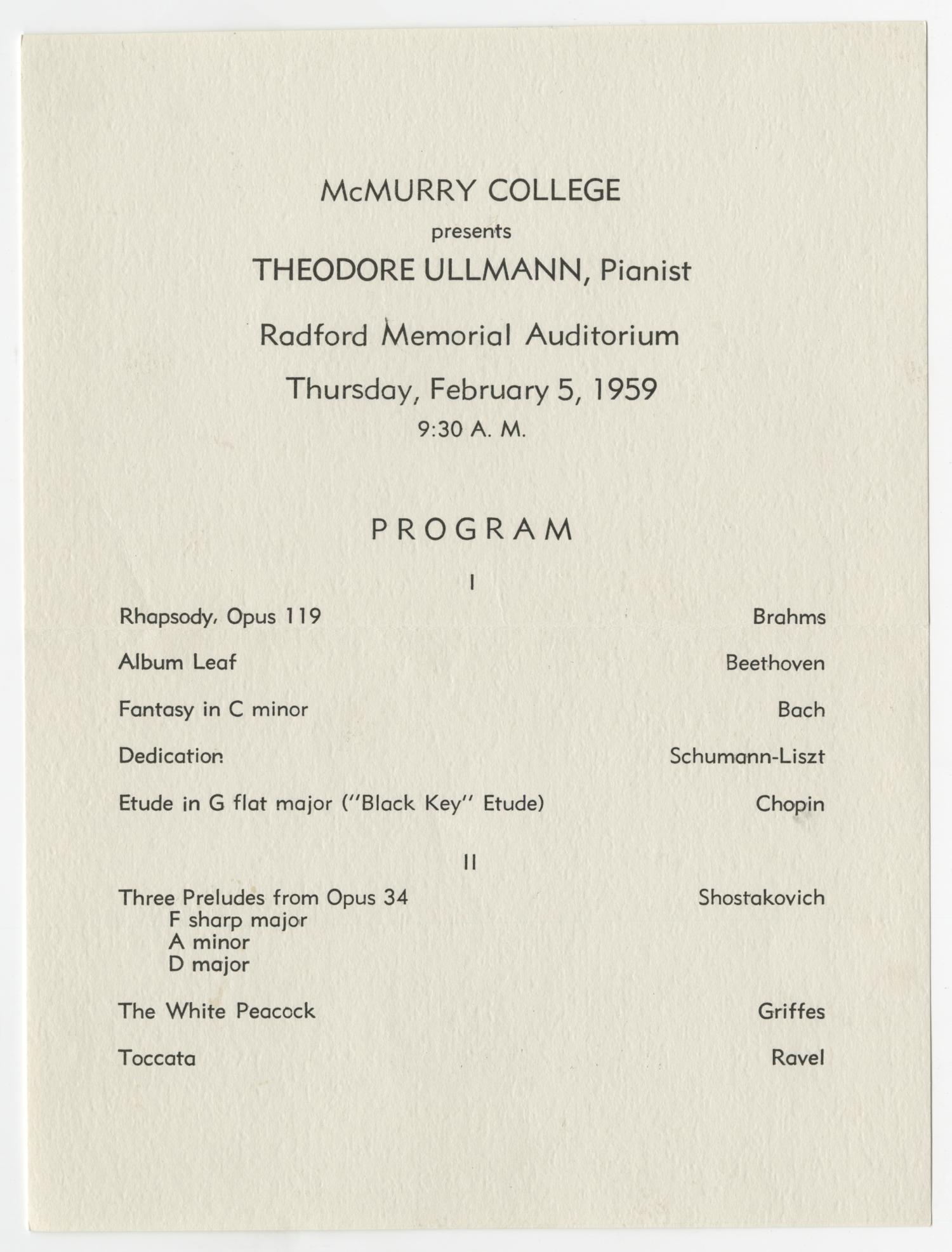 [Recital Program: Theodore Ullmann, Pianist, 1959]
                                                
                                                    [Sequence #]: 1 of 2
                                                