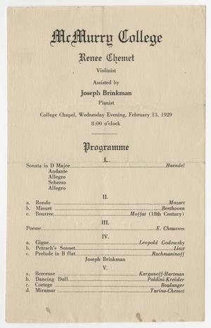 Primary view of [Recital Program: Renee Chemet, Violinist, 1929]