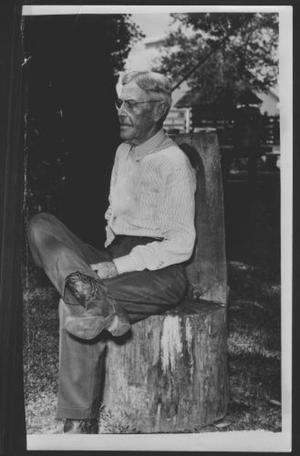 [Albert Peyton George seated on a chair hewn from a tree stump]