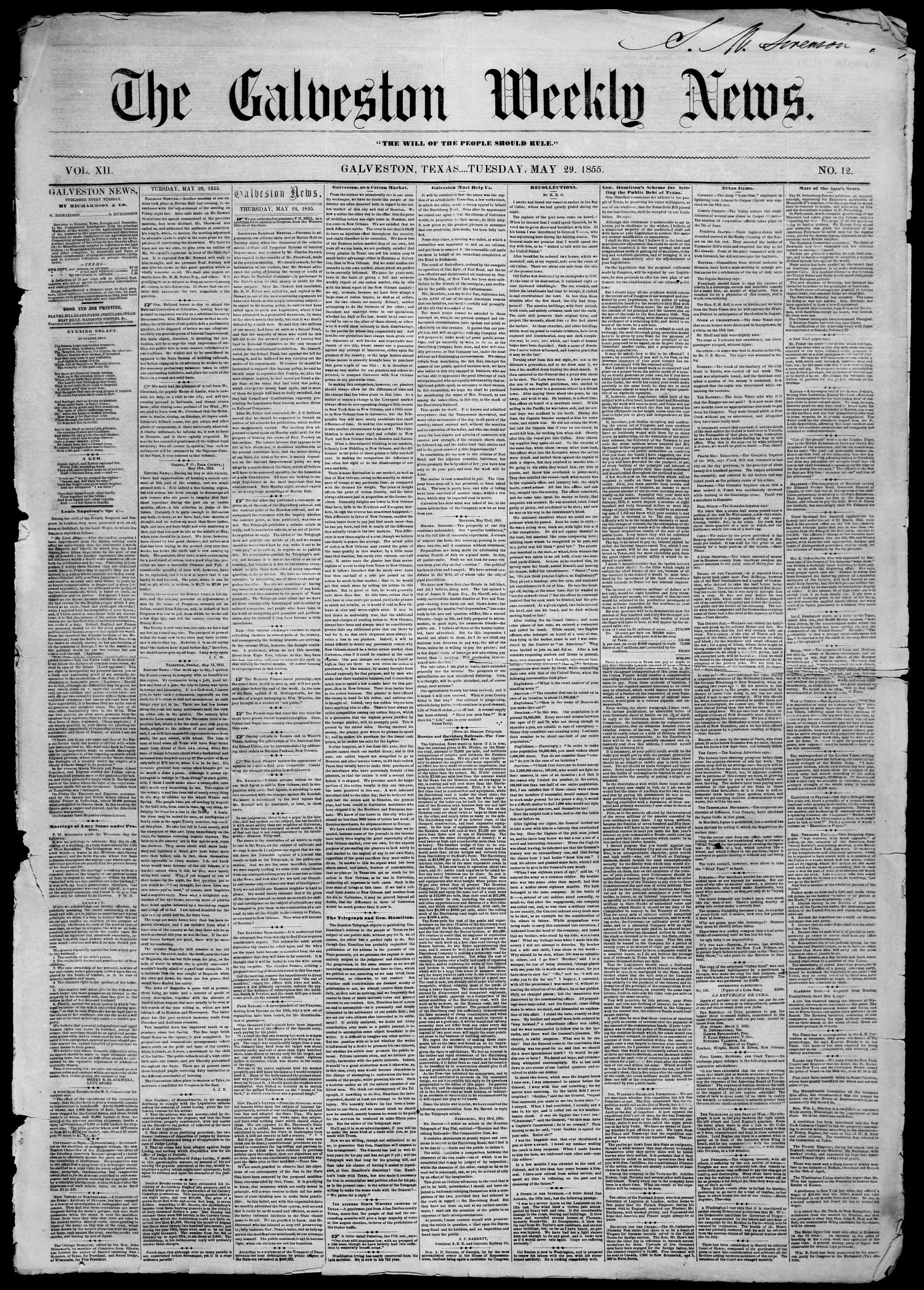 Galveston Weekly News (Galveston, Tex.), Vol. 12, No. 12, Ed. 1, Tuesday, May 29, 1855
                                                
                                                    [Sequence #]: 1 of 4
                                                