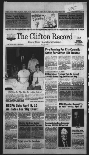 Primary view of object titled 'The Clifton Record (Clifton, Tex.), Vol. 93, No. 13, Ed. 1 Wednesday, March 30, 1988'.