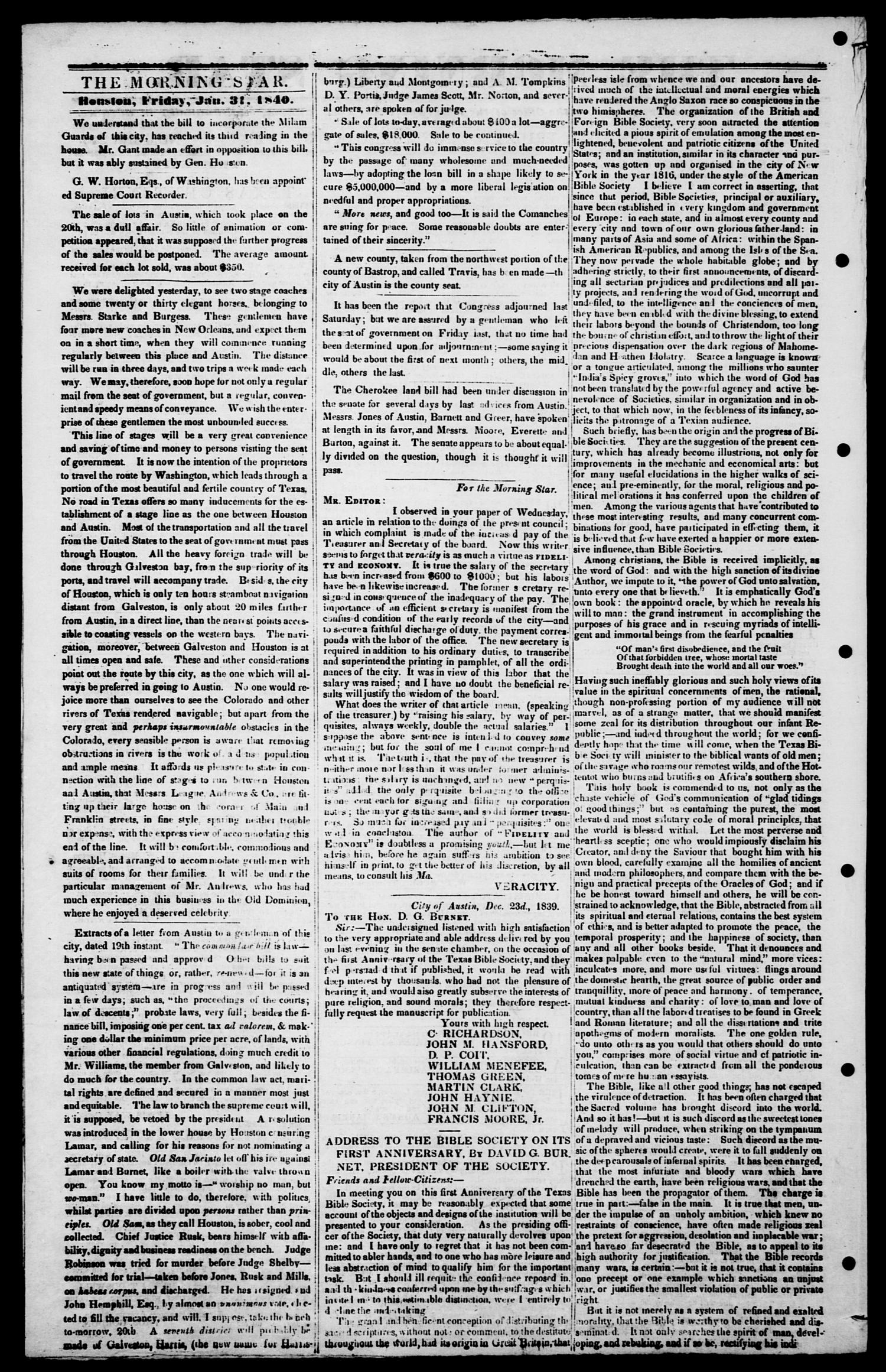 The Morning Star (Houston, Tex.), Vol. 1, No. 243, Ed. 1, Friday, January 31, 1840
                                                
                                                    [Sequence #]: 2 of 4
                                                