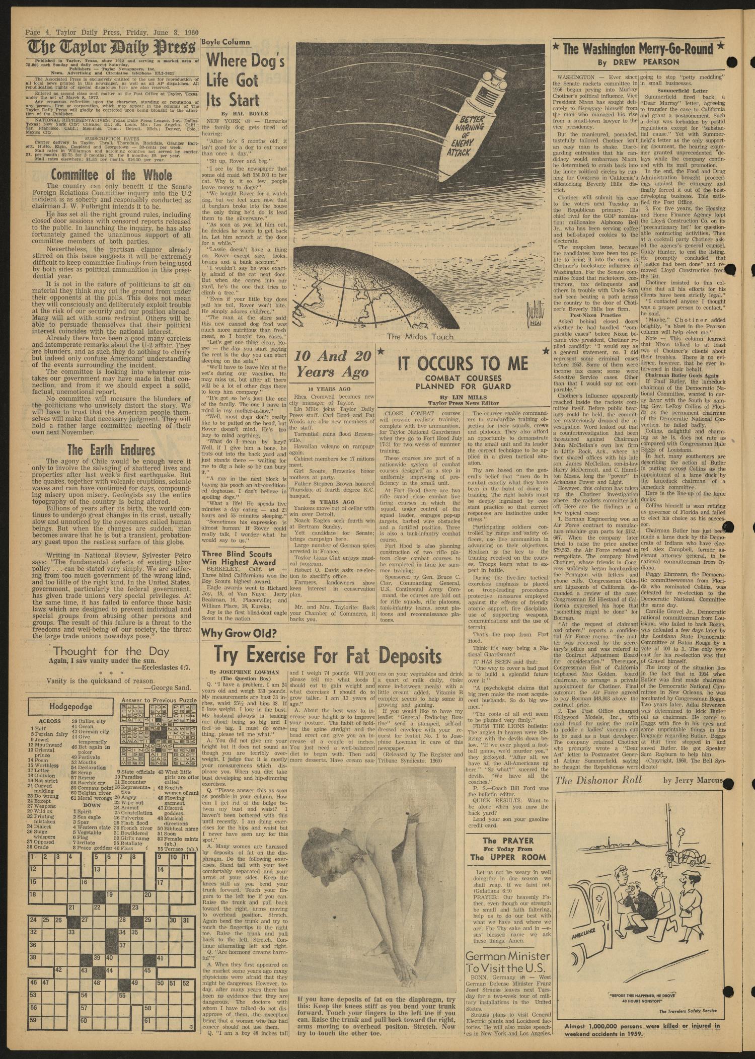 The Taylor Daily Press (Taylor, Tex.), Vol. 47, No. 142, Ed. 1 Friday, June 3, 1960
                                                
                                                    [Sequence #]: 4 of 6
                                                