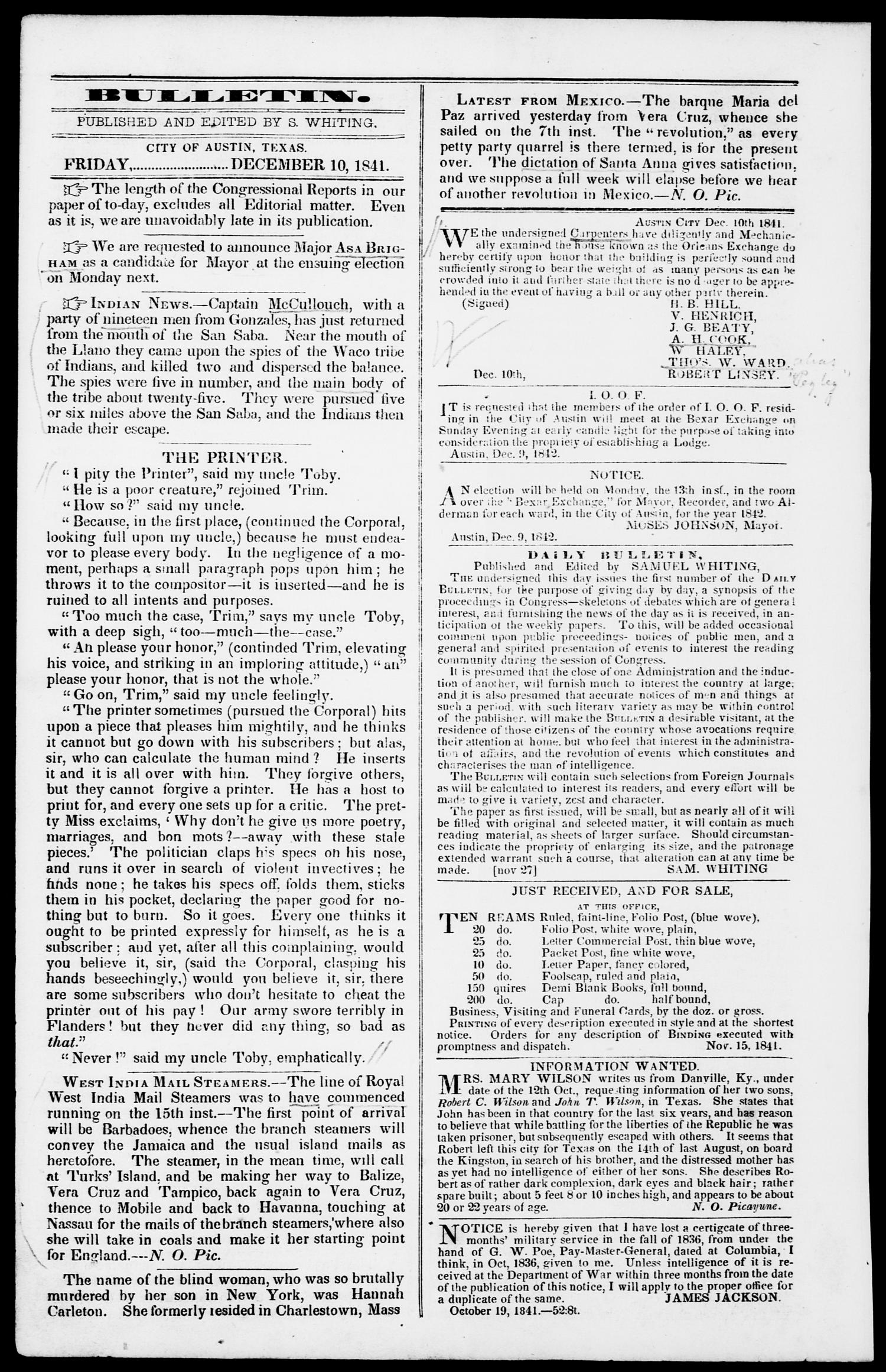 Daily Bulletin. (Austin, Tex.), Vol. 1, No. 11, Ed. 1, Friday, December 10, 1841
                                                
                                                    [Sequence #]: 4 of 4
                                                