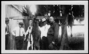 [Photograph of four men posed next to trussed deer killed during a hunt]