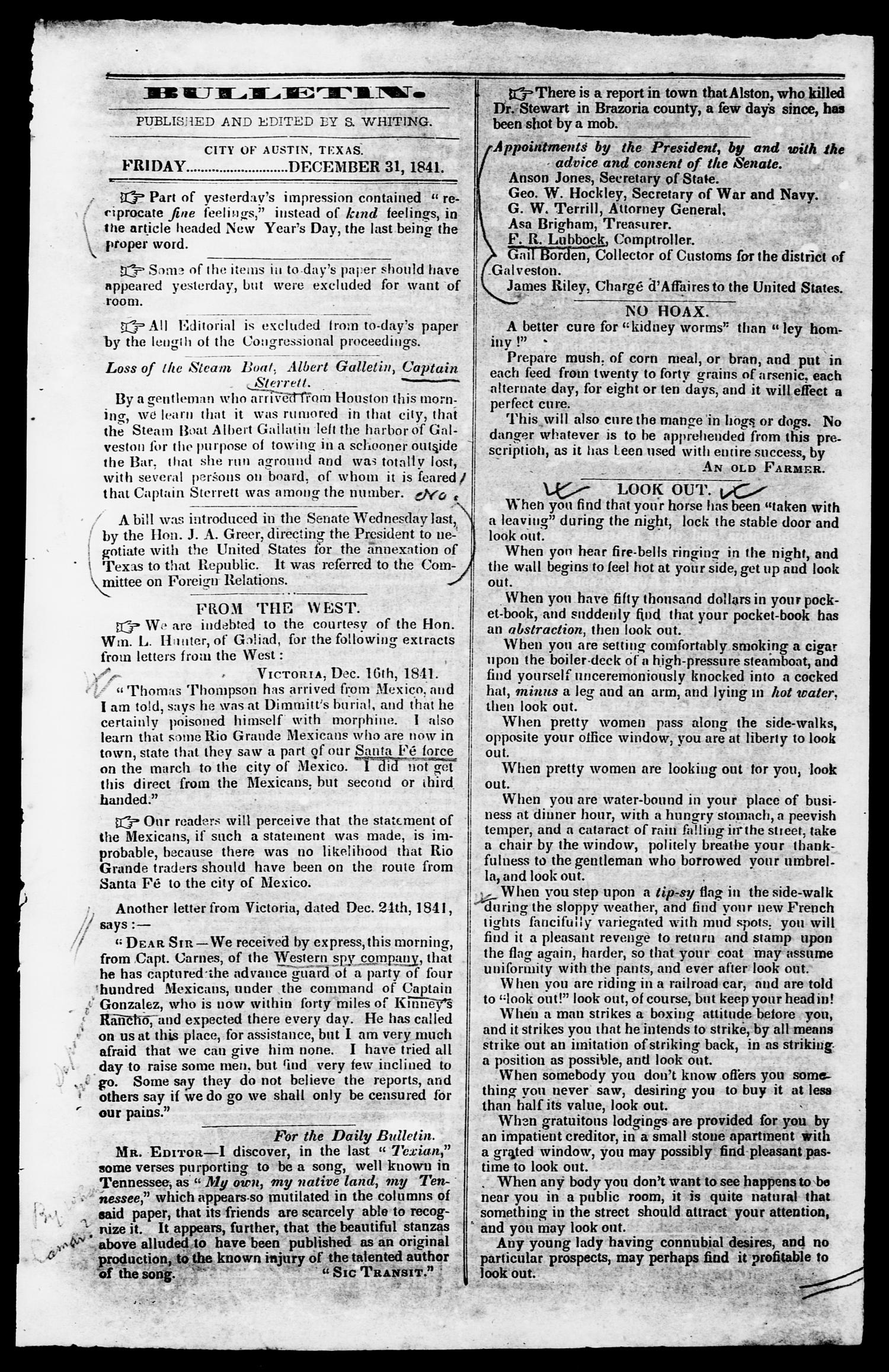 Daily Bulletin. (Austin, Tex.), Vol. 1, No. 28, Ed. 1, Friday, December 31, 1841
                                                
                                                    [Sequence #]: 3 of 4
                                                