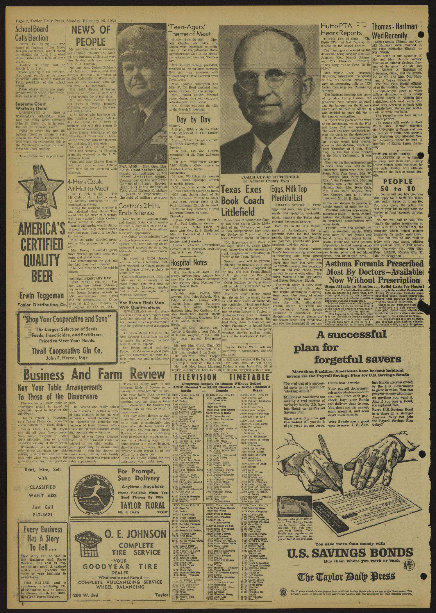 The Taylor Daily Press (Taylor, Tex.), Vol. 49, No. 59, Ed. 1 Monday, February 26, 1962
                                                
                                                    [Sequence #]: 2 of 6
                                                