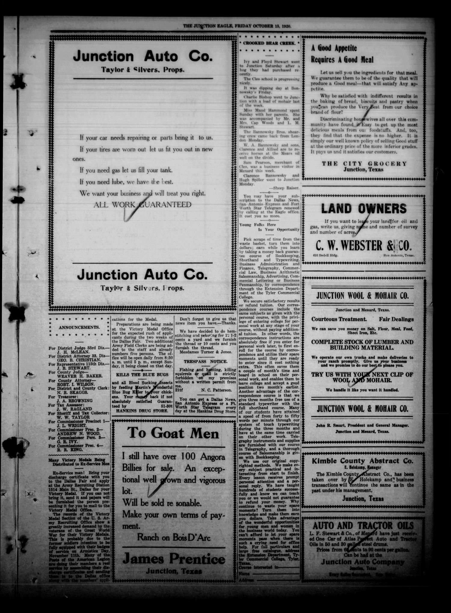 The Junction Eagle (Junction, Tex.), Vol. 37, No. 26, Ed. 1 Friday, October 15, 1920
                                                
                                                    [Sequence #]: 3 of 8
                                                
