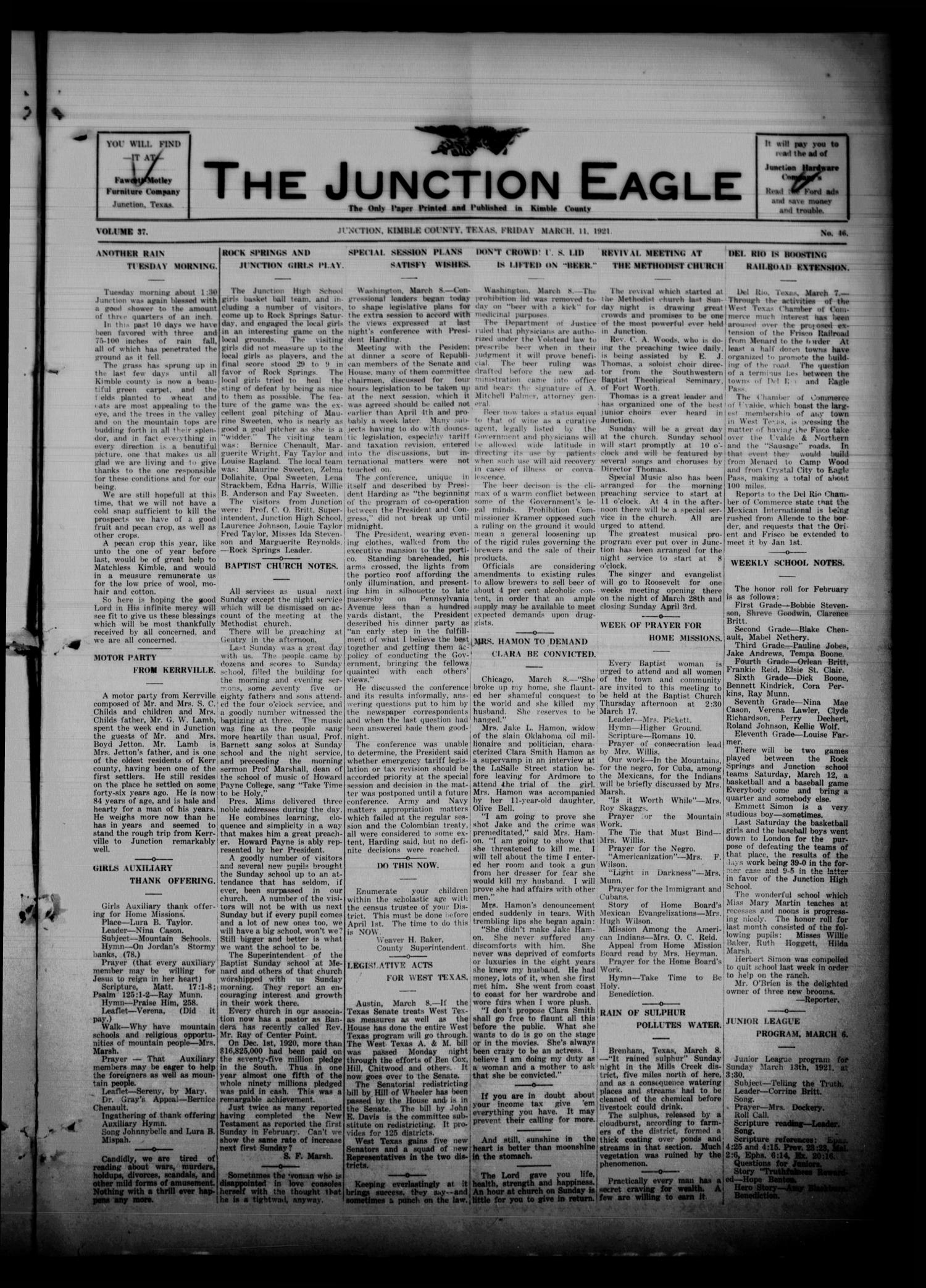 The Junction Eagle (Junction, Tex.), Vol. 37, No. 46, Ed. 1 Friday, March 11, 1921
                                                
                                                    [Sequence #]: 1 of 8
                                                