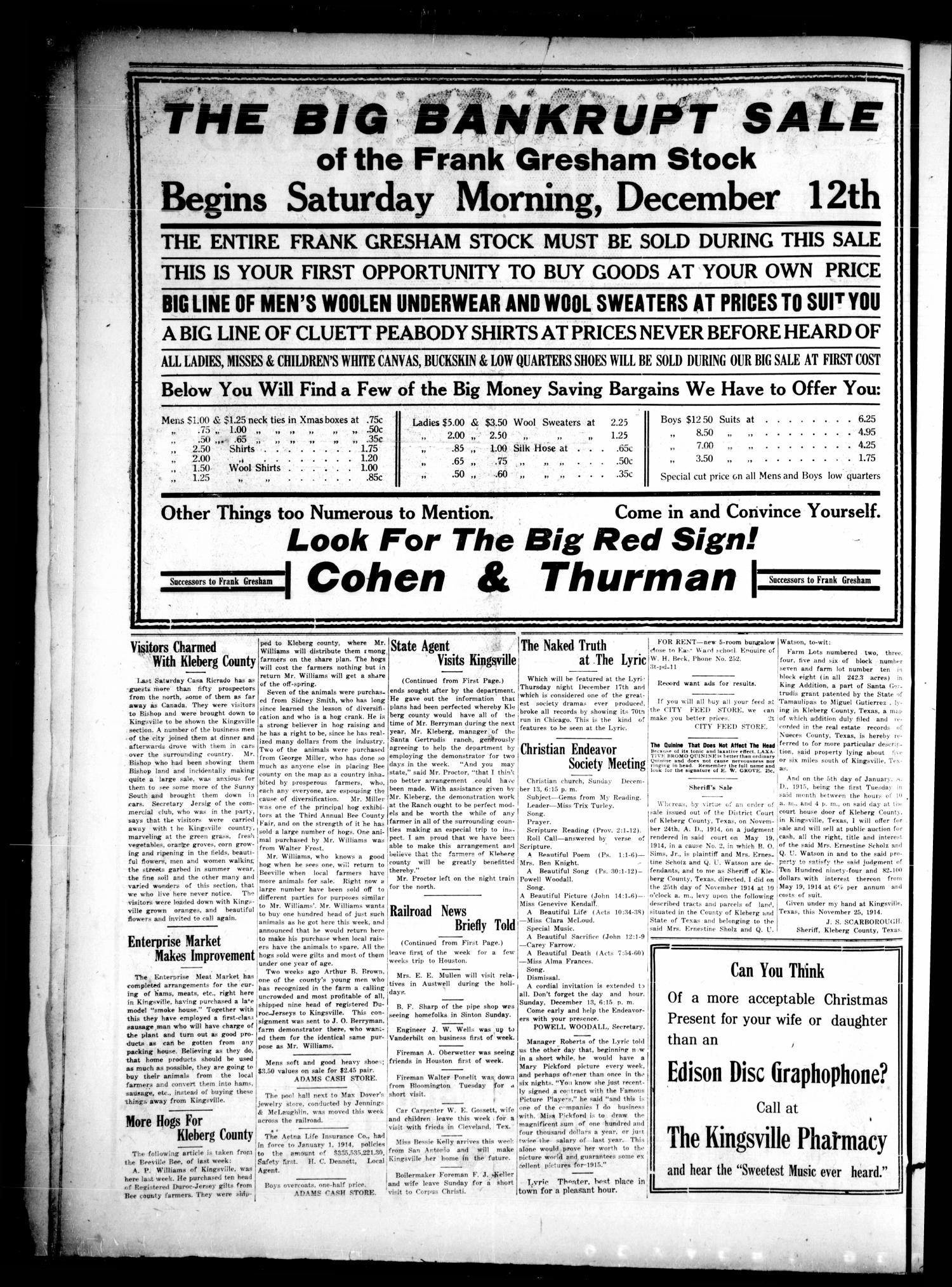 The Kingsville Record (Kingsville, Tex.), Vol. 8, No. 12, Ed. 1 Friday, December 11, 1914
                                                
                                                    [Sequence #]: 2 of 10
                                                