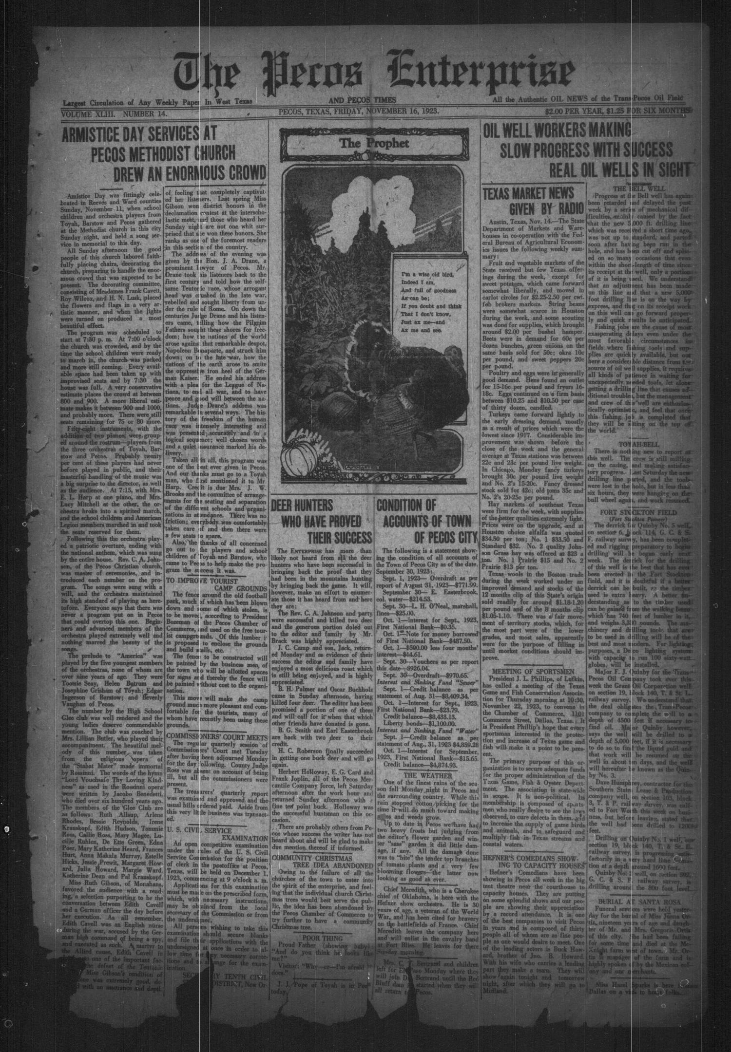 The Pecos Enterprise and Pecos Times (Pecos, Tex.), Vol. 43, No. 14, Ed. 1 Friday, November 16, 1923
                                                
                                                    [Sequence #]: 1 of 8
                                                