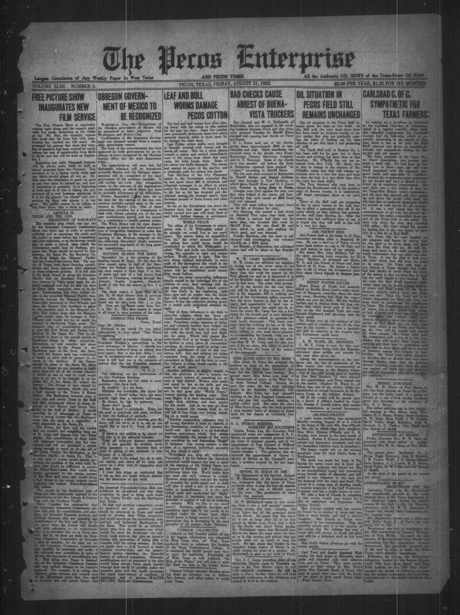 The Pecos Enterprise and Pecos Times (Pecos, Tex.), Vol. 43, No. 3, Ed. 1 Friday, August 31, 1923
                                                
                                                    [Sequence #]: 1 of 8
                                                