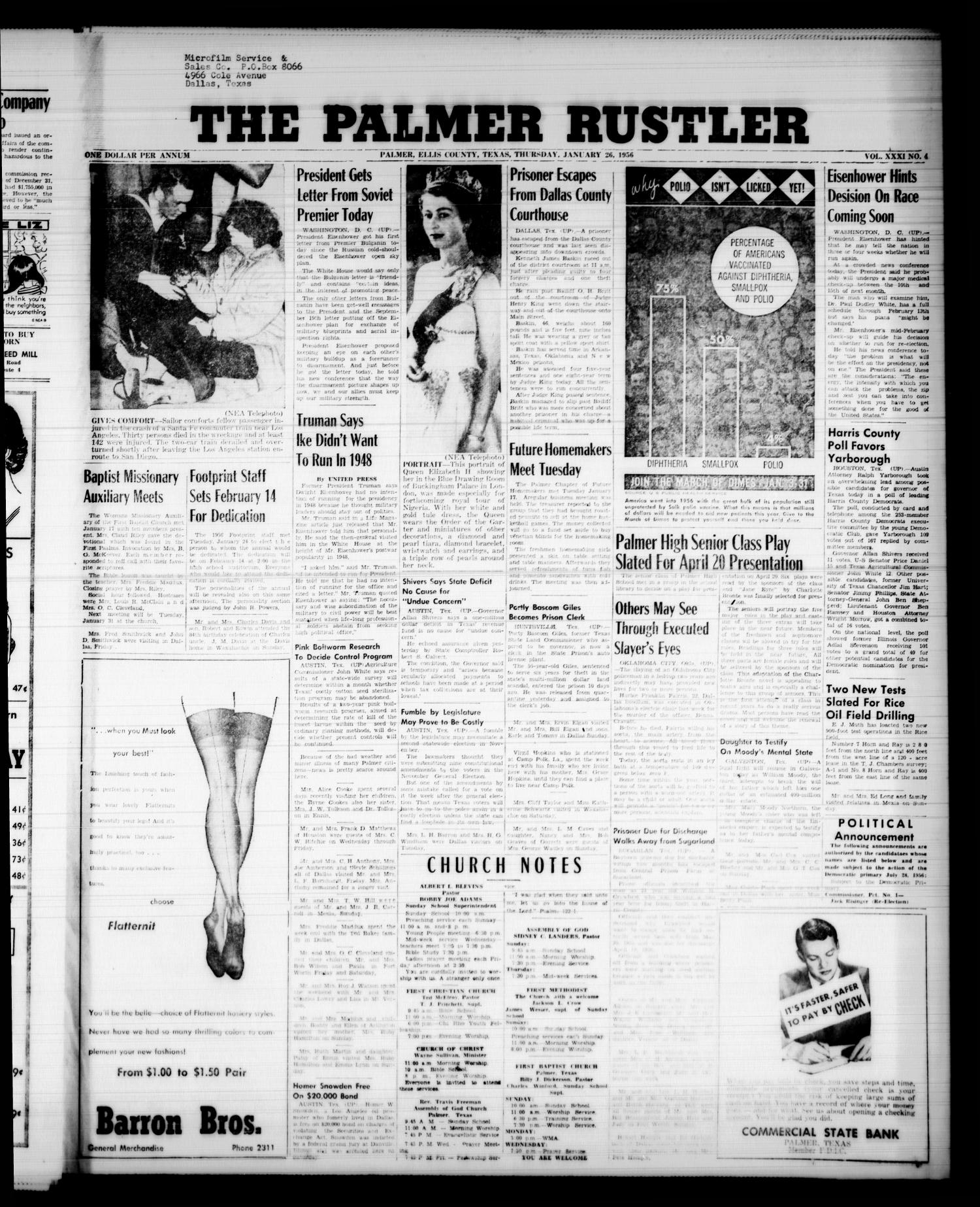 The Palmer Rustler (Palmer, Tex.), Vol. 31, No. 4, Ed. 1 Thursday, January 26, 1956
                                                
                                                    [Sequence #]: 1 of 6
                                                