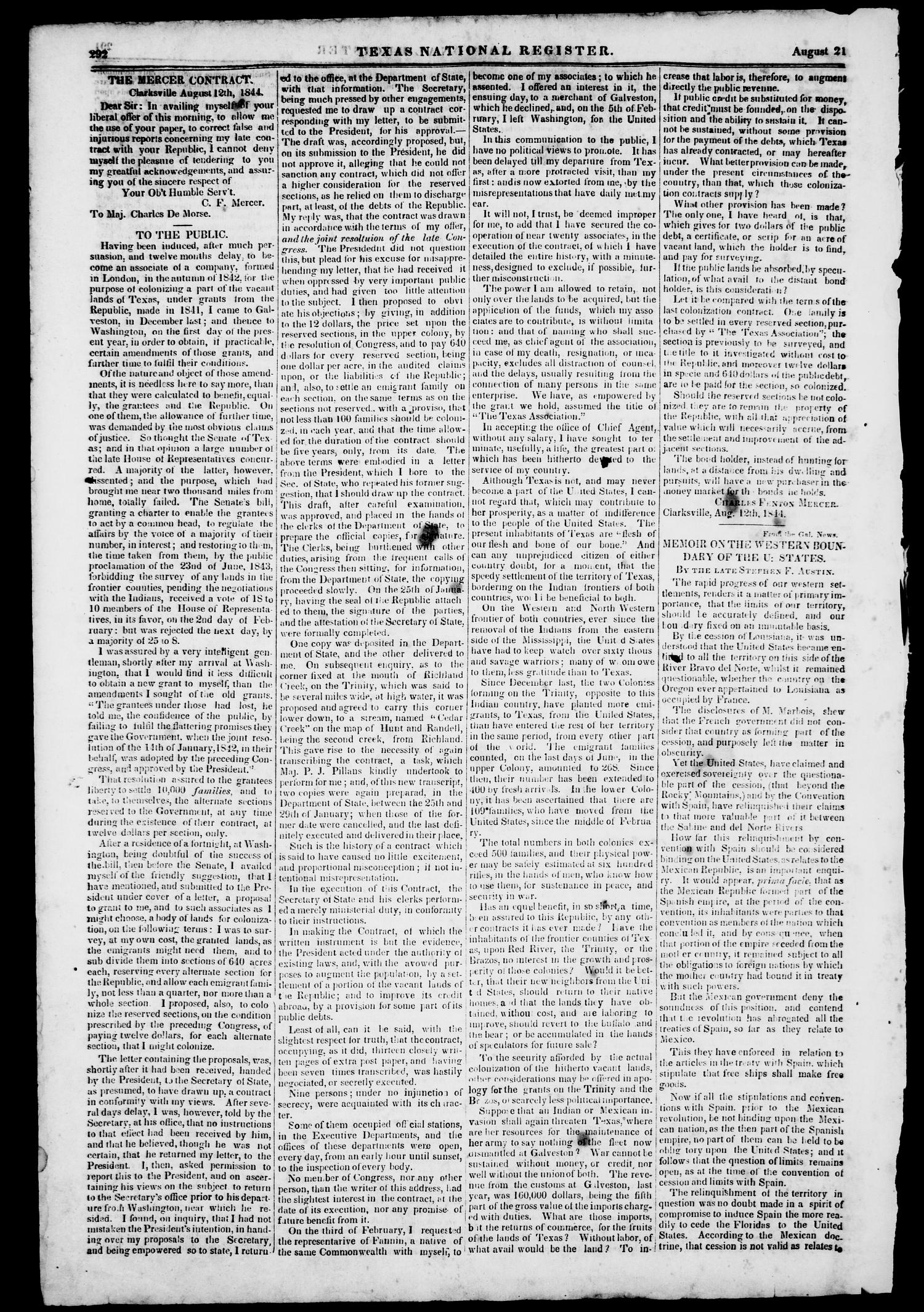 Texas National Register. (Washington, Tex.), Vol. 1, No. 37, Ed. 1, Thursday, August 21, 1845
                                                
                                                    [Sequence #]: 4 of 8
                                                