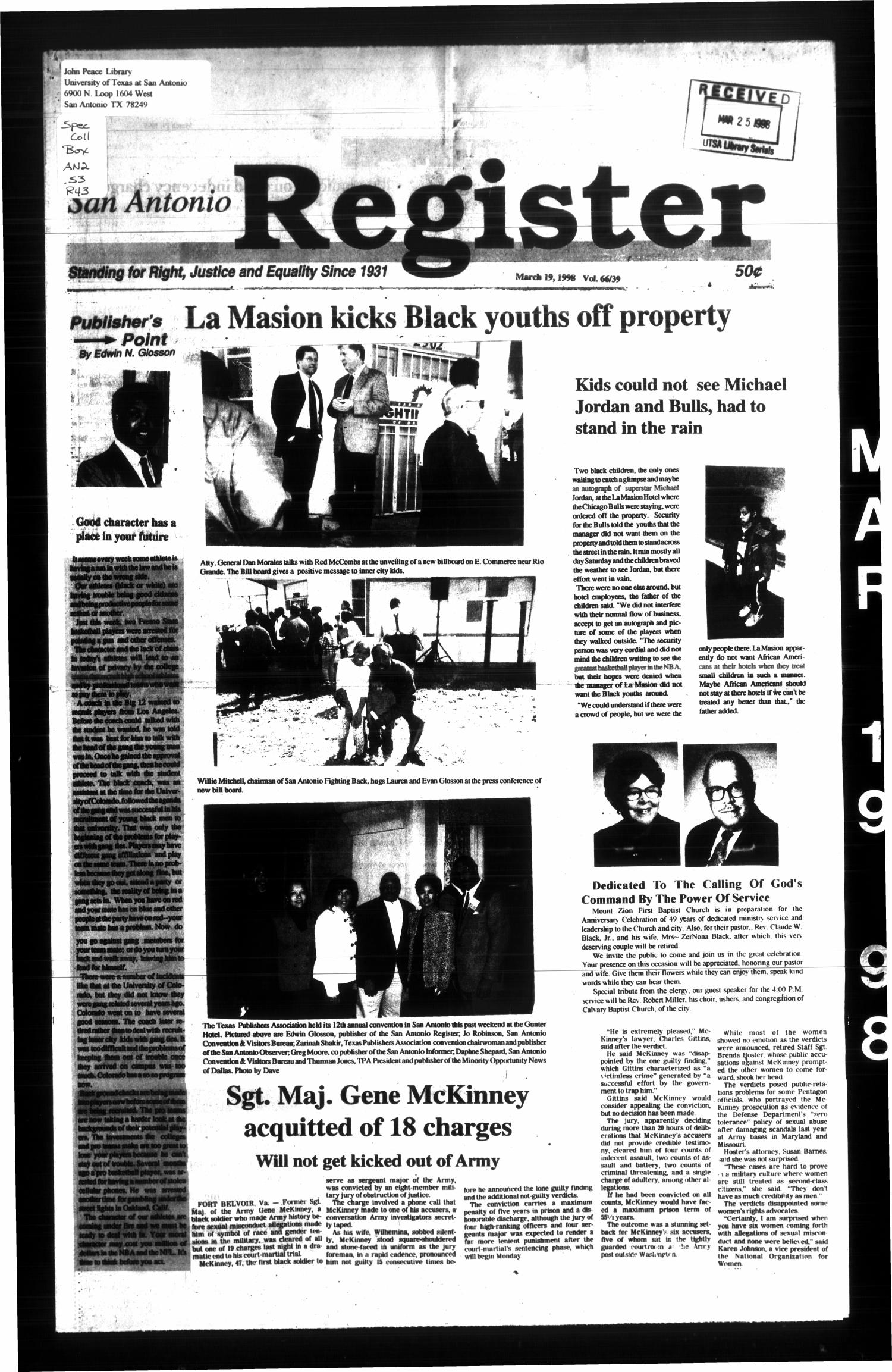 San Antonio Register (San Antonio, Tex.), Vol. 66, No. 39, Ed. 1 Thursday, March 19, 1998
                                                
                                                    [Sequence #]: 1 of 12
                                                