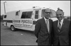 Primary view of object titled '[Graham Purcell with his Campaign Caravan]'.